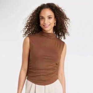 Brown Mockneck Sleeveless Ruched Top